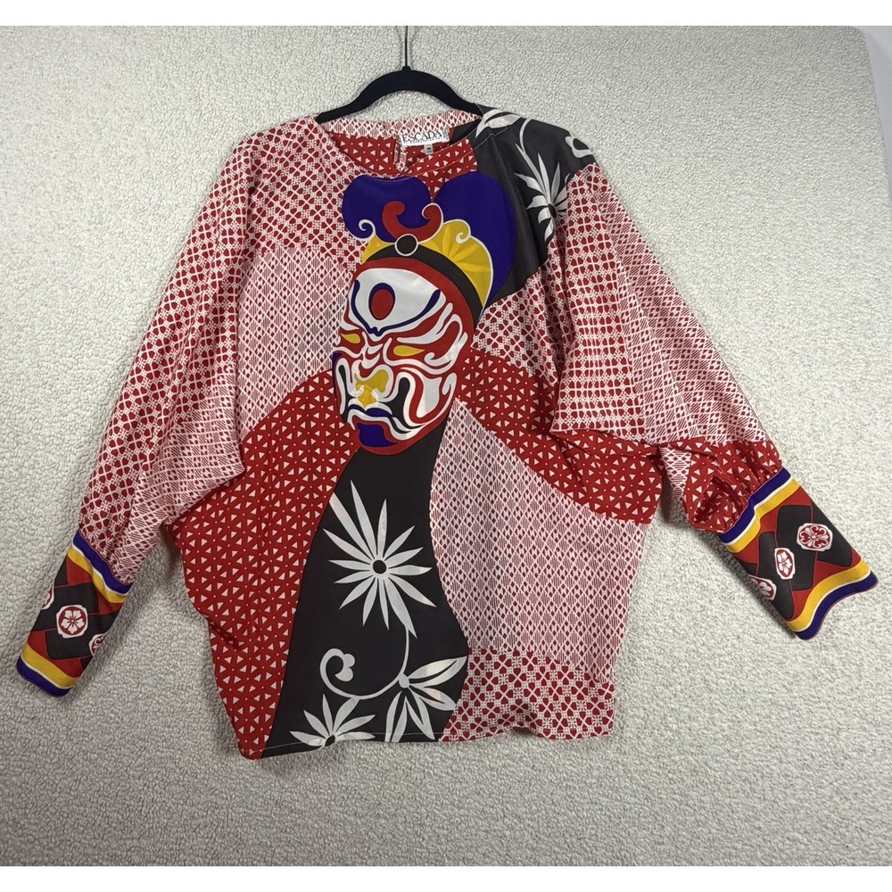 ESCADA Margaretha Ley Silk Vintage Chinese Peking Opera Mask 2 Pc Blouse Skirt - Picture 2 of 15